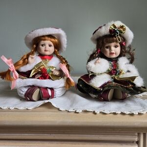 Vintage Porcelain Holiday Dolls – Set of 2 – Redhead & Brunette